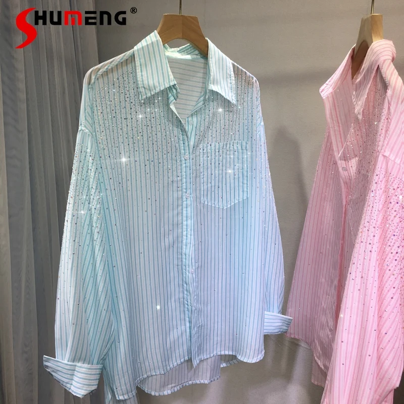

Embroidery Hot Drilling Shirt Women's Lightweight Lapel Loose Stripes Sun Protection Shirt Mid-Length Long Sleeve Tops Summer