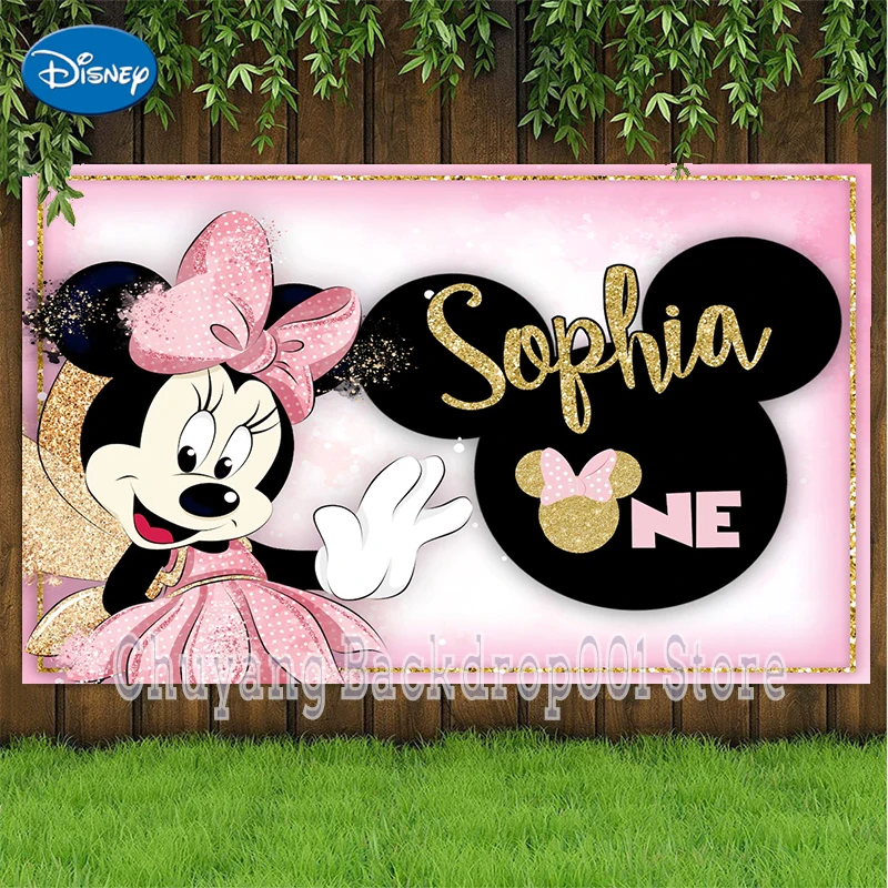 

Disney Custom Background Party Backdrops Pink Minnie Mouse Birthday Decorations Children's Decoration Photozone Wall Backdrops