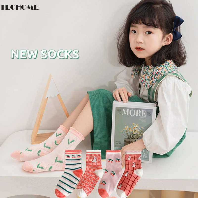 

3/4Pairs Children's Socks Autumn Summer Boys Girls Socks Baby Socks Candy Japanese Cartoon Friut Mid Tube Sock