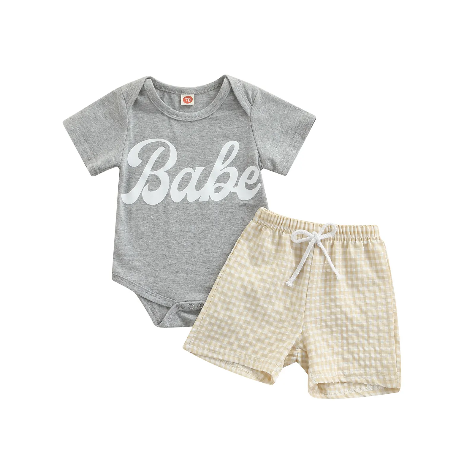 

2 Pcs Newborn Casual Outfits Toddler Letter Print Short Sleeve Round Neck Bodysuit Plaid Shorts with Drawstring Baby Clothing