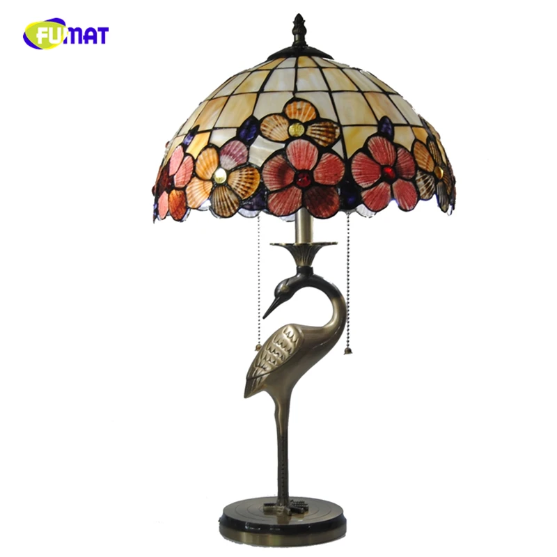 

FUMAT Tiffany Floral Stained Glass Table Lamp Creative Art Shell Flowers Crane Shape Lampholders Table Lights Bedroom Lighting