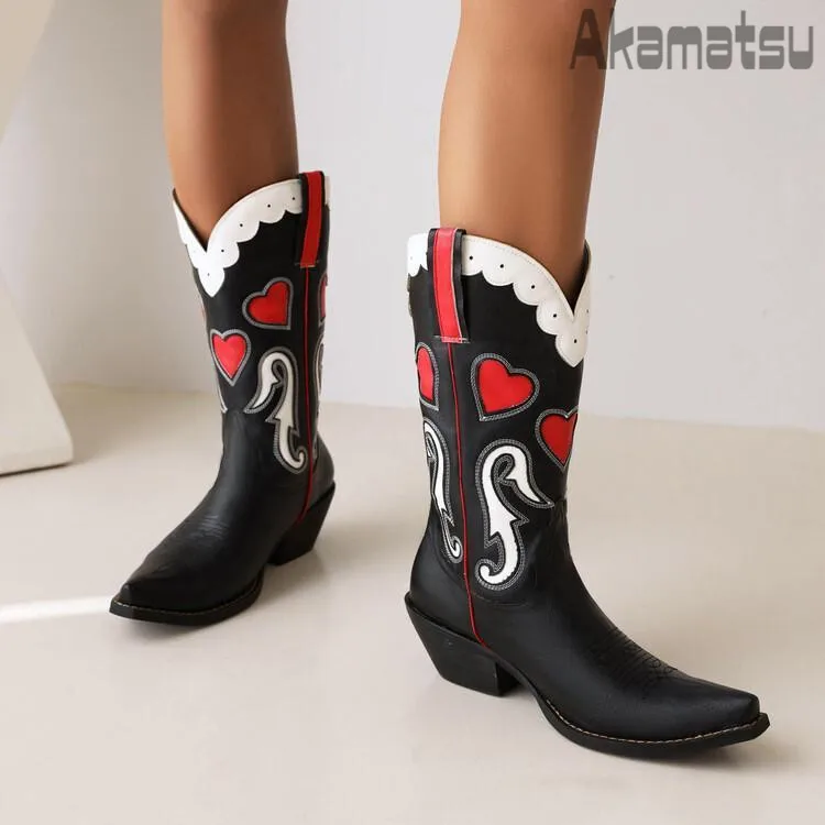 Red and Black Heart Cowboy Boots Women's Shoes Retro Embroidered European Style Pu Pointed Toe Thick Med Heel Sleeve Boots