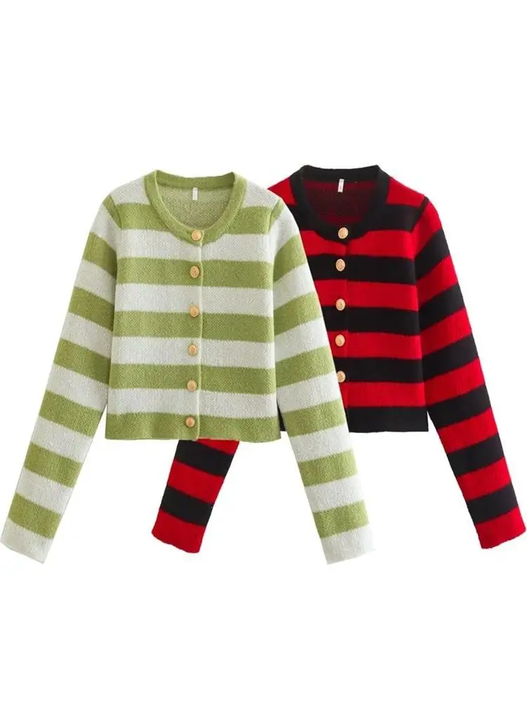 

Пикантный кардиган в полоску MESTTRAF 2022, вязаный свитер, винтажная женская верхняя одежда с круглым вырезом, длинными рукавами и пуговицами сп...