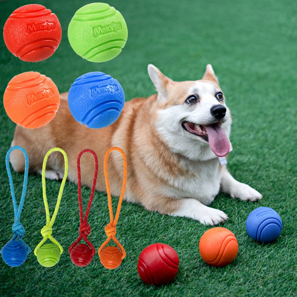 

Dog Chew Training Ball Toys Tooth Cleaning Solid Rubber Balls Outdoor Pet Puppy Interactive Play Chewing Toy With Rope Handle