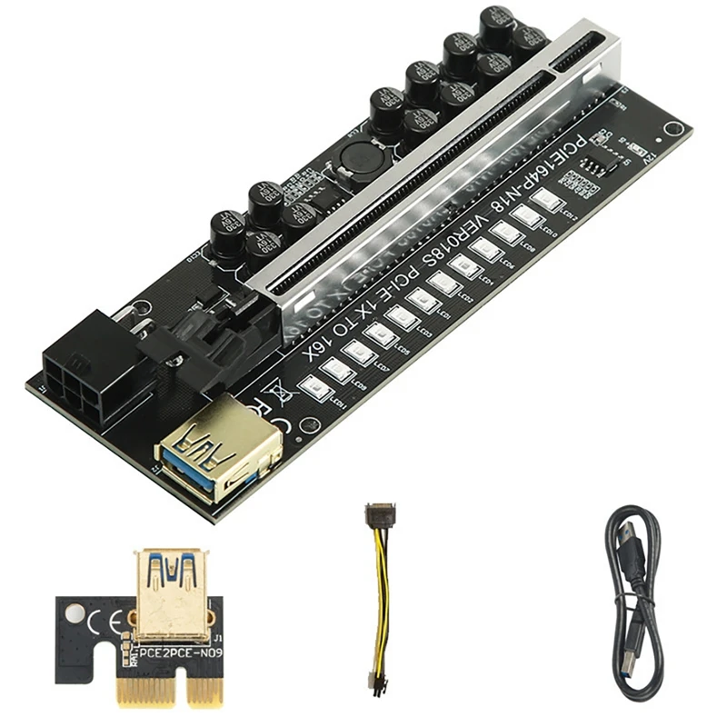 

PCI-E 1X To 16X USB3.0 6PIN GPU Riser Card With 12 Capacitors And LED Lights VER018S Miner Card For BTC