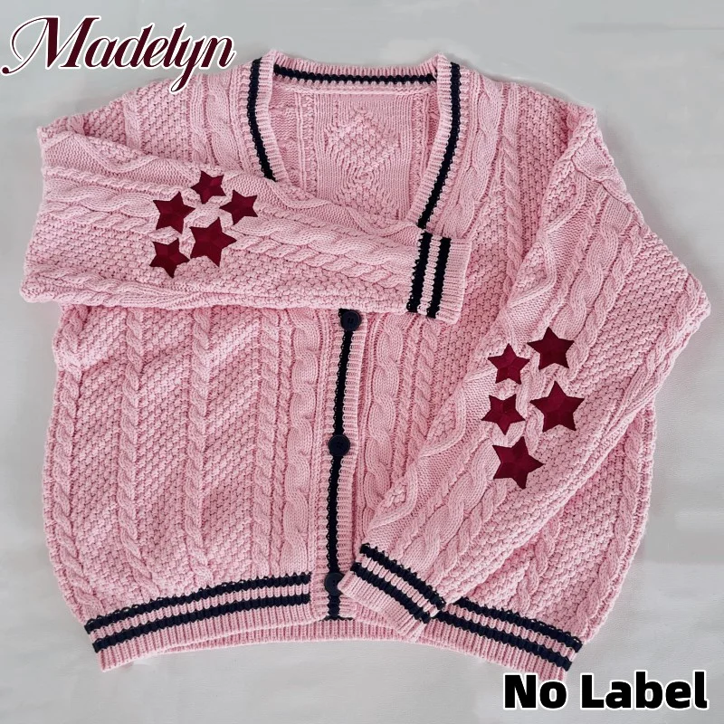 

Autumn Winter Limited Edition Cardigan Pink Knitted Sweater with Star Embroidered Women Cardigans Tay Warm Lor V-Neck Sweaters