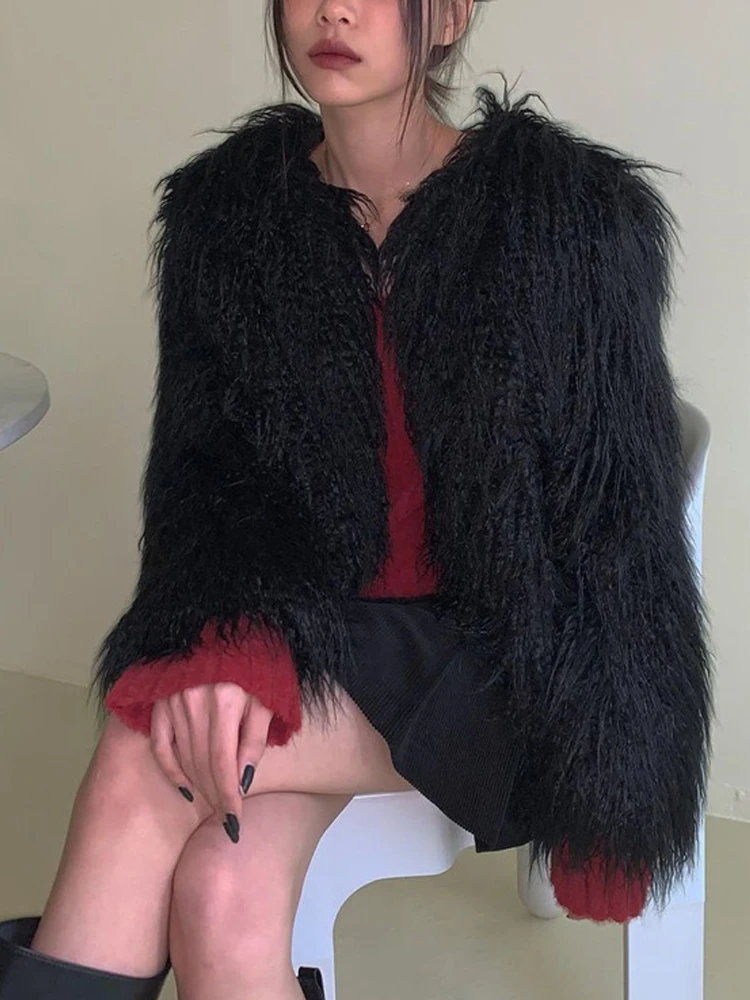 Goth Dark Faux Fur Coats Women Winter 2022 Autumn Y2k Korean Fashion Crop Jackets Gothic Elegant Slim Warm Outwear Streetwear