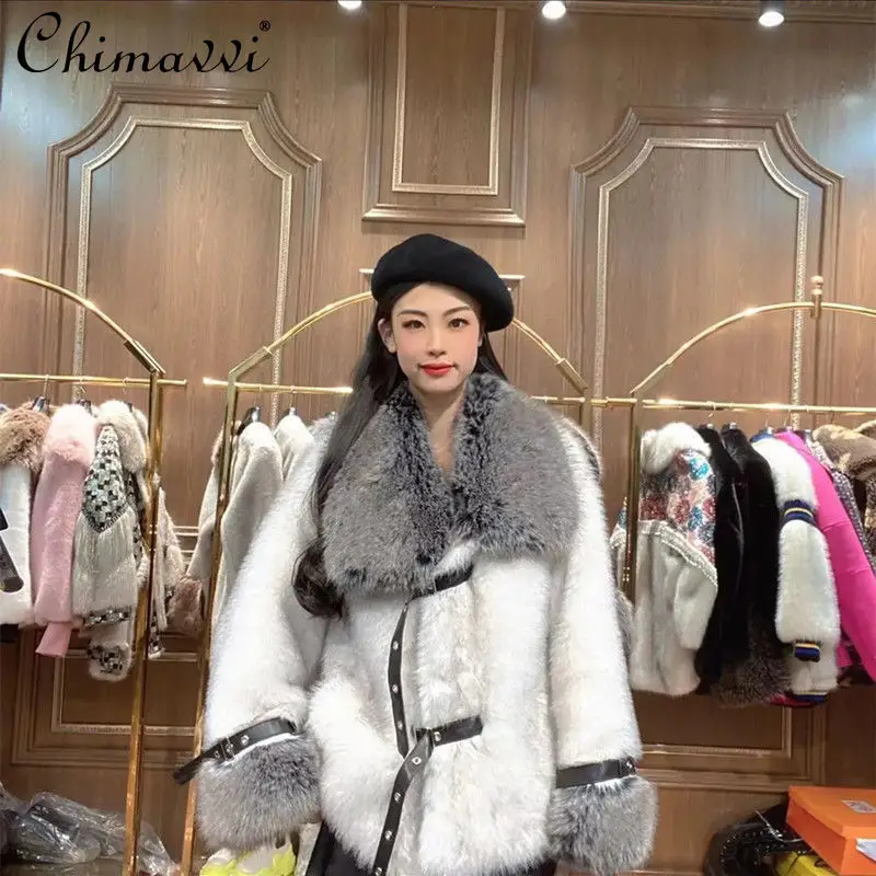 High-End Elegant Square Collar Fur Coat 2022 New Winter Luxury Fashion Sweet Contrast Color Long Sleeve Warm Faux Fur Jacket