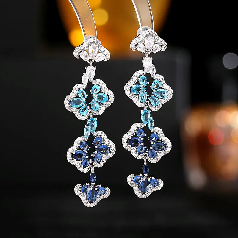 

Cute French Elegant Earrings S925 Silver Needle Romantic Luxury Super Flash CZ Earrings Hollow Out Long Petal Fashion Earrings