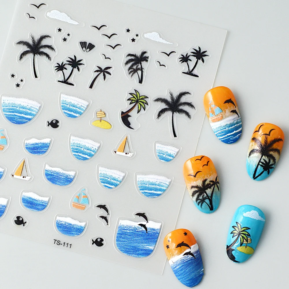 Cool Summer Sea Beach 5D Nail Stickers Adhesive Tattoo Nails Accesories