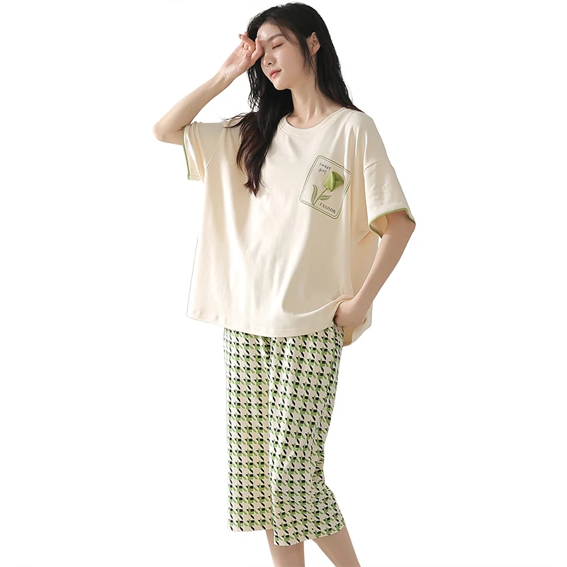 

Летняя Пижама, Женский пижамный комплект из 100% хлопка, Женская однотонная одежда для сна, брюки до щиколотки, домашняя одежда