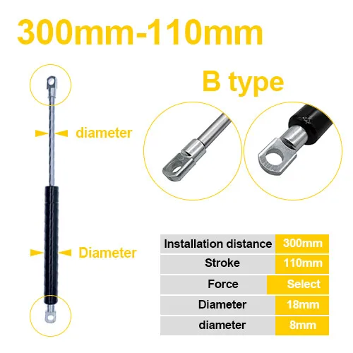 

18*8 стержневой тактный газовый пружинный складной шарнир 50-300 Н/5 кг-50 кг усилие подъема опорное отверстие Центральное расстояние 110 мм ходовое расстояние мм