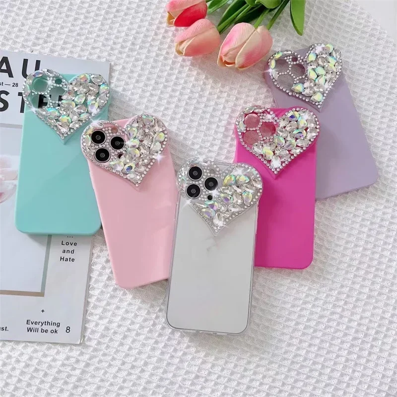 Чехлы для телефонов Love Heart Rhinestone Protect Lens IPhone 16 15 14 13 12 11 Pro Max XR Xs 8P SE2/SE3