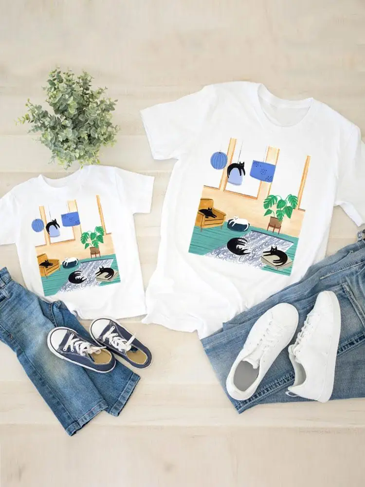 

Clothing Women Kid Son Watercolor Trend Cute Cat Child Summer Family Matching Outfits Mom Mama Mother Tshirt Tee T-shirt Clothes