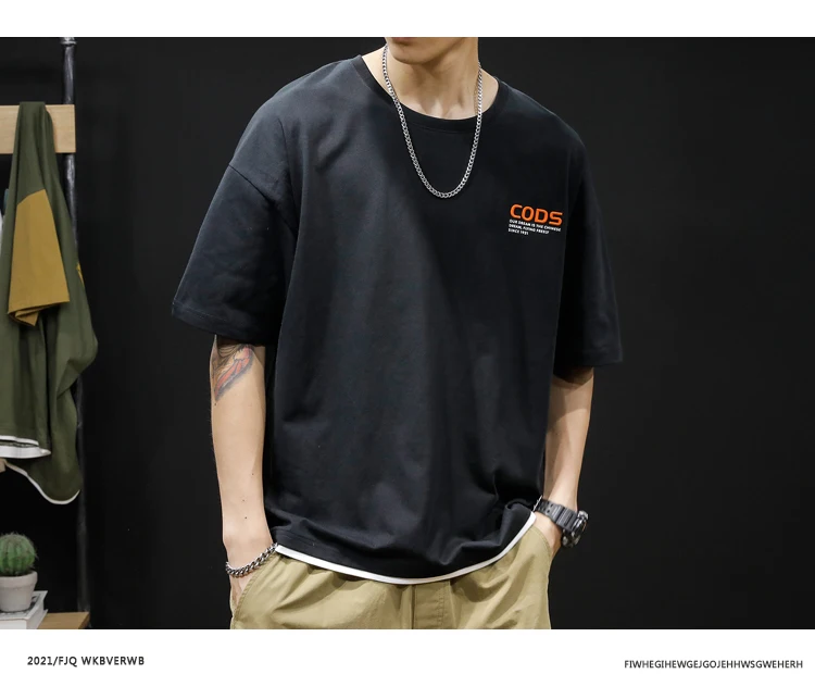 

M2092 Summer fat short-sleeved t-shirt men's loose ins tide brand fake two-piece half-sleeved large size t-shirt