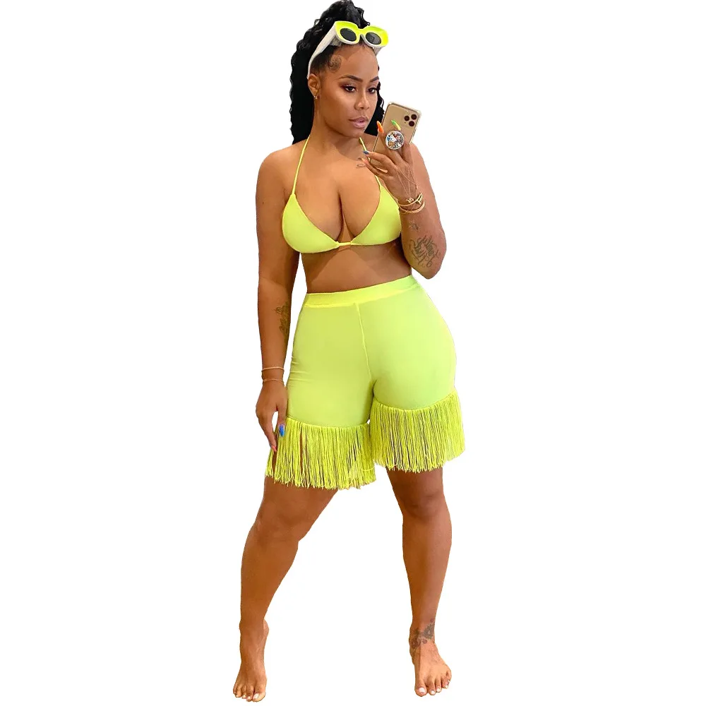 

Сексуальный комплект из бюстгальтера и шорт с бахромой, пляжный Женский комплект из двух предметов