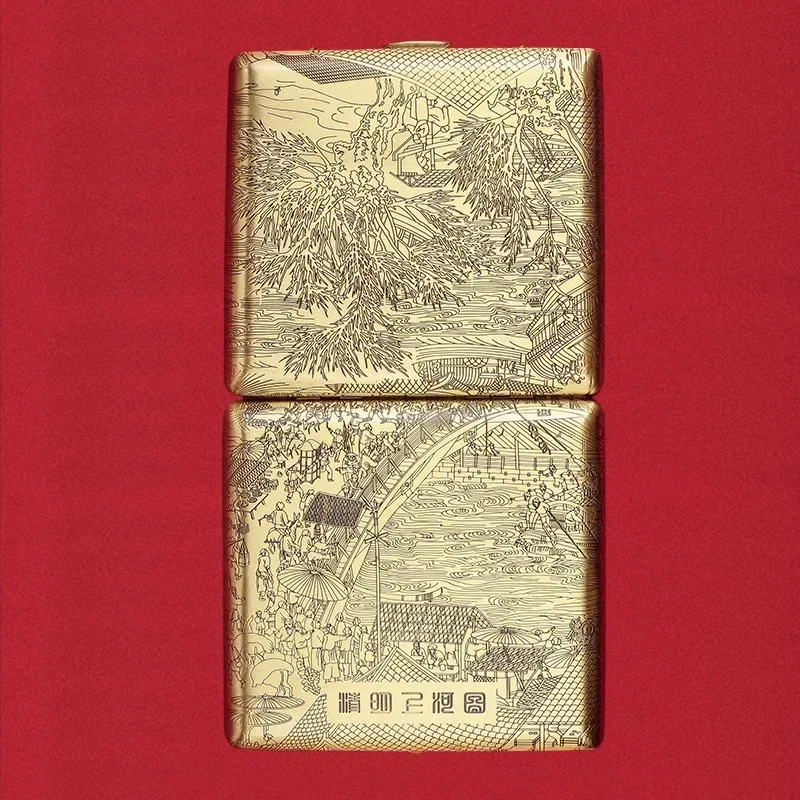 Фото 20 шт. портсигар Qingming Shanghetu, латунный модный влагостойкий портативный металлический ящик, мужской подарочный набор №5