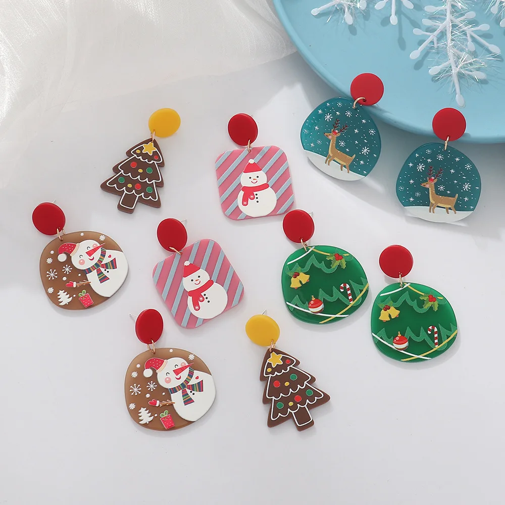 

New Arrival Christmas Series Earrings Resin Acrylic Plate Womens Holiday Party Trees Snowman Stud Earrings Jewelry For Girls