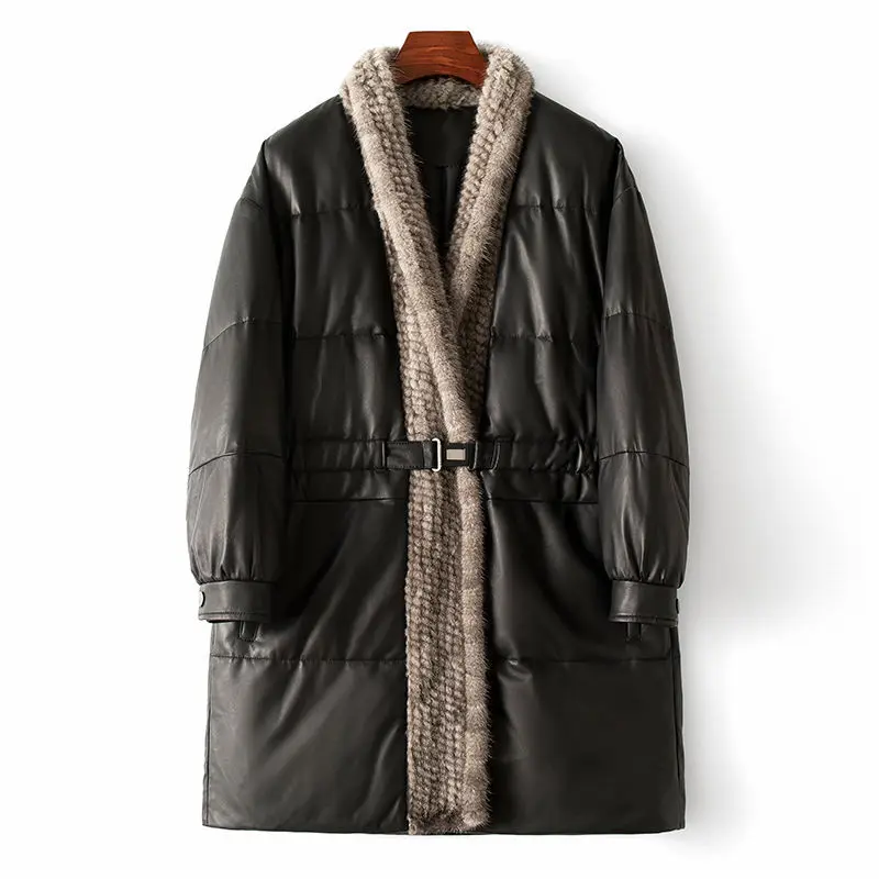 

Новинка 2023 женское вязаное меховое пальто 90 на белом утином пуху Норковое теплое пальто с меховым воротником для осени и зимы