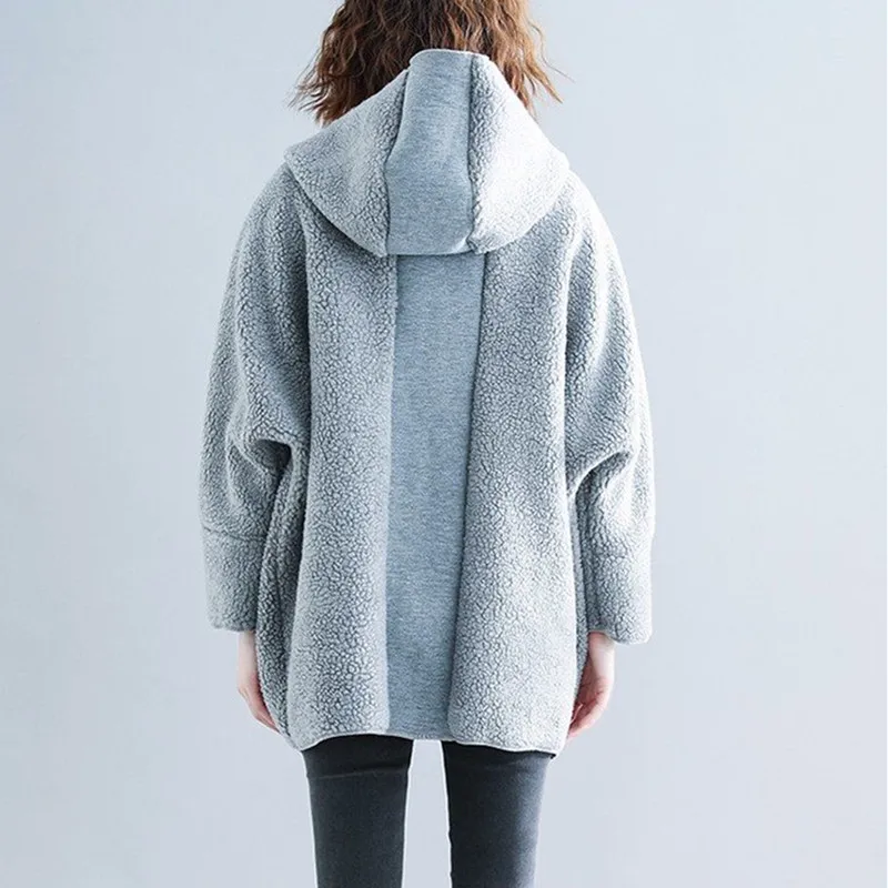 New Autumn Winter Coat Women  lambswool Jacket Hooded Long Loose Slim Big Pocket Solid Outerwear Female Clothing