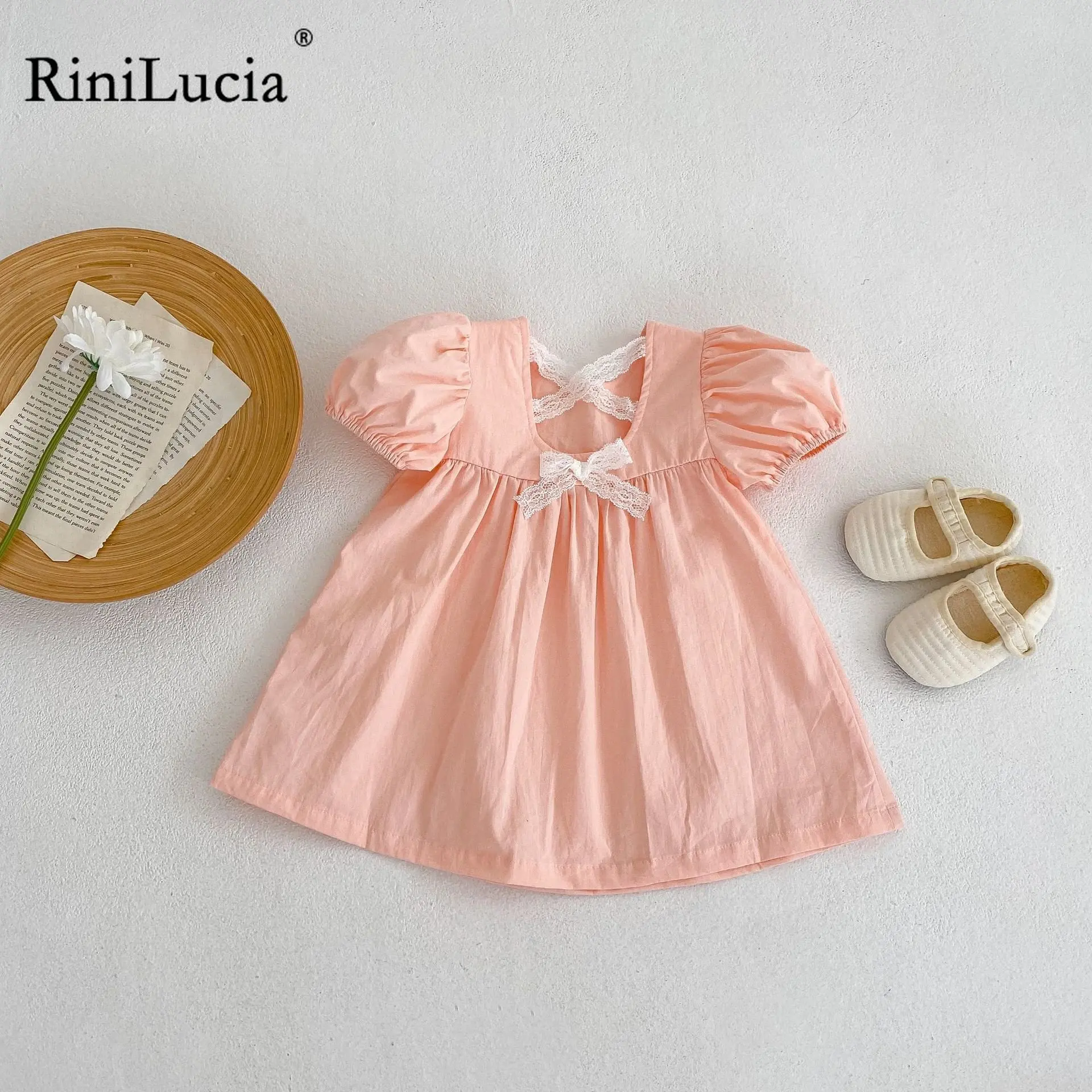 

Newborn Baby Girls Dress Spring Summer Bow Lace Pleated Short Sleeve Toddler Kids Dresses Children's Costumes Clothing