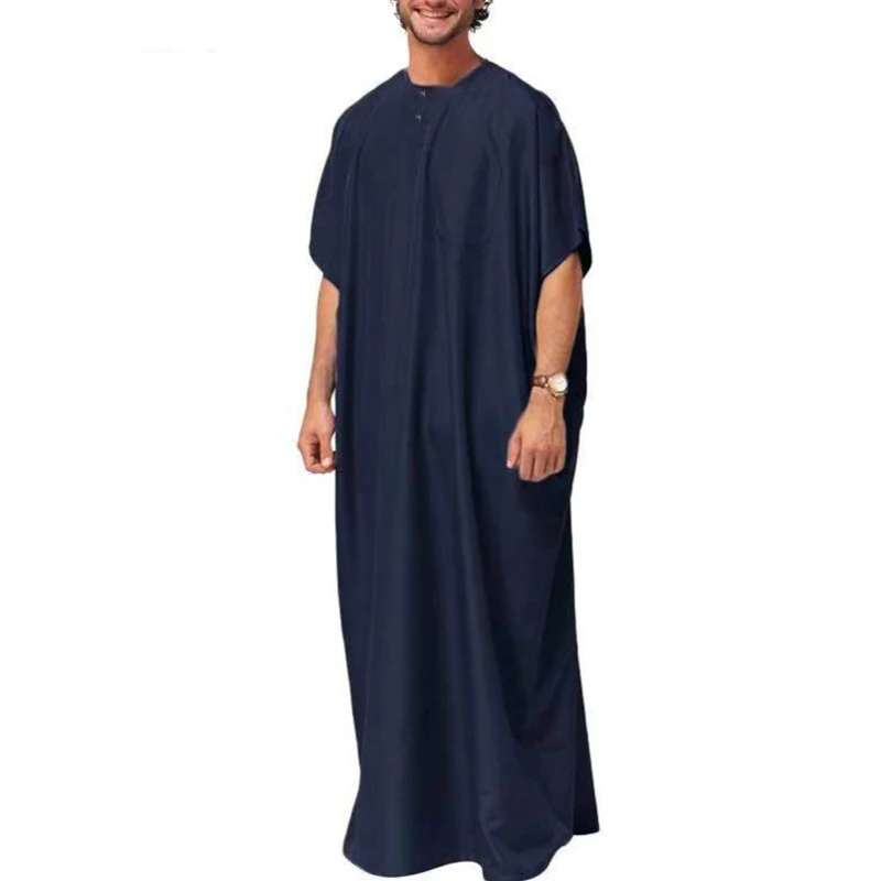 Men Muslim Kaftan Half Sleeve Robe Jubba Thobe Saudi Arab Robe Vintage Abaya Costume Casual Button Islamic Clothing Dress Eid