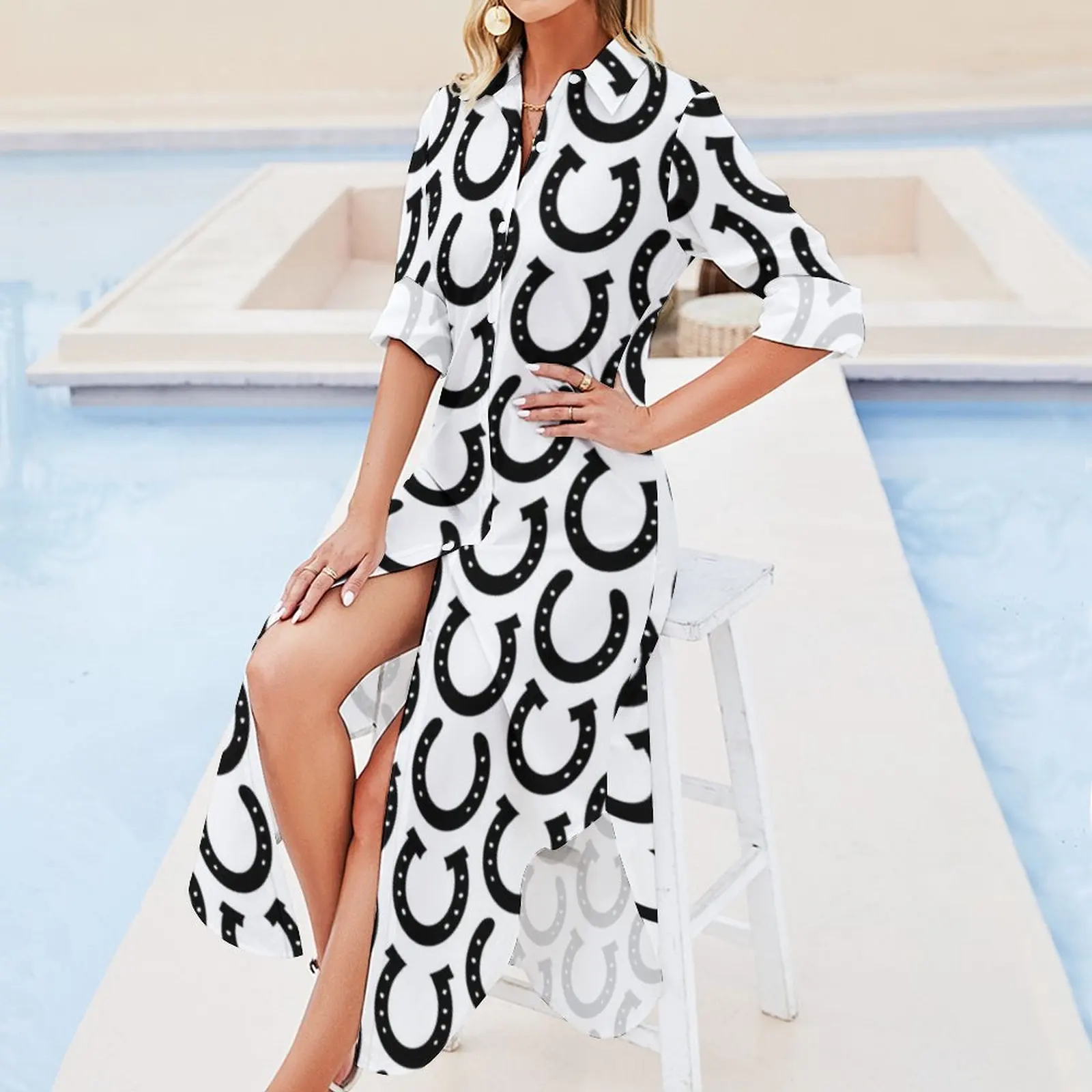 Черное платье-рубашка в форме подковы с длинным рукавом вечерние платья женское