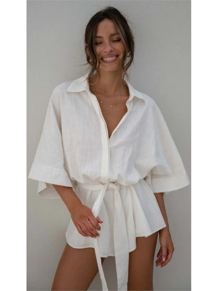 Летний белый женский комбинезон модный элегантный повседневный на шнуровке с