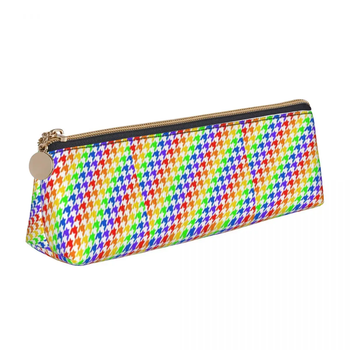 

Rainbow Houndstooth Triangle Pencil Case Vintage Print Simple Zipper Pencil Box Teens University Leather Pen Bag