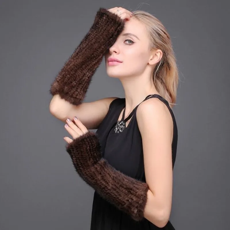 100% Genuine Real Mink Fur Fingerless Gloves 40cm for Women Knitted Natural Fur Gloves Warm Winter Mittens