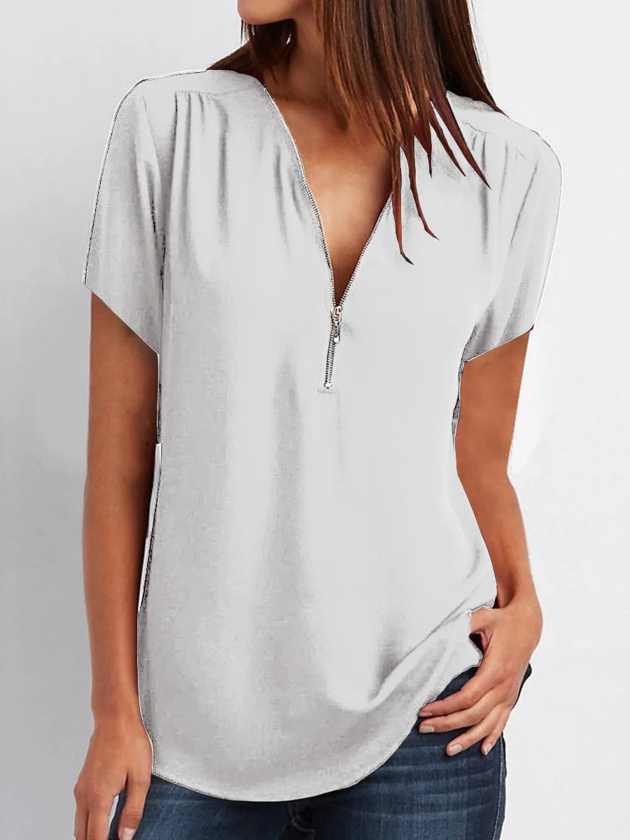 Женская шифоновая блузка с коротким рукавом V-образным вырезом и молнией - купить