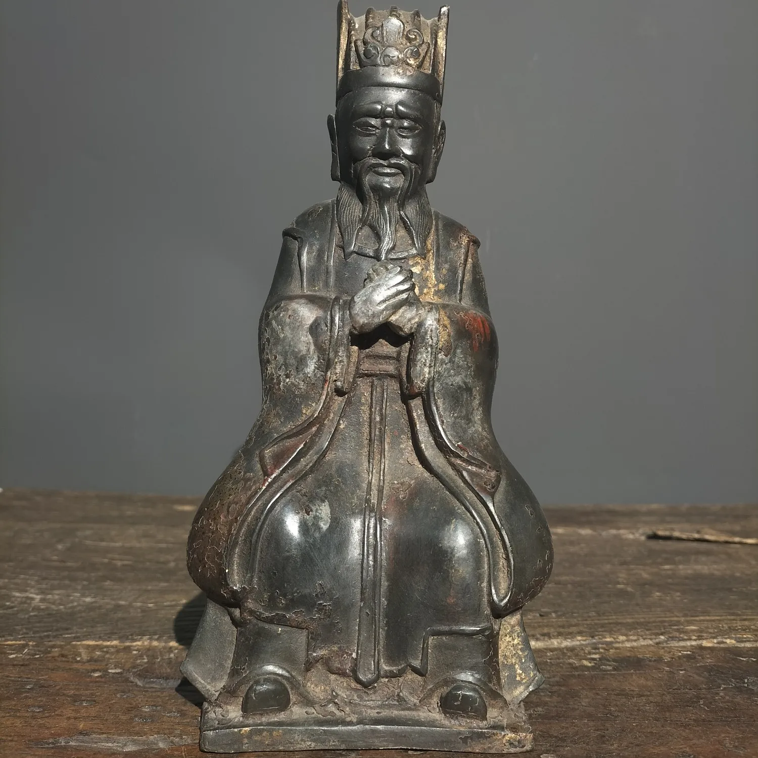 

9" Tibetan Temple Collection Old Bronze Cinnabar mud gold kitchen king Grandfather civil servant Gather fortune ornament