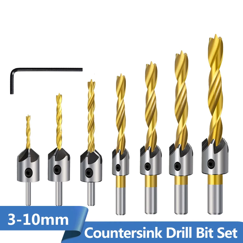 XCAN 3-10mm Titanium Coating Countersink Drill Bit Set with Hex Key Screw Hole Drill Cutter HSS Wood Drill Bit