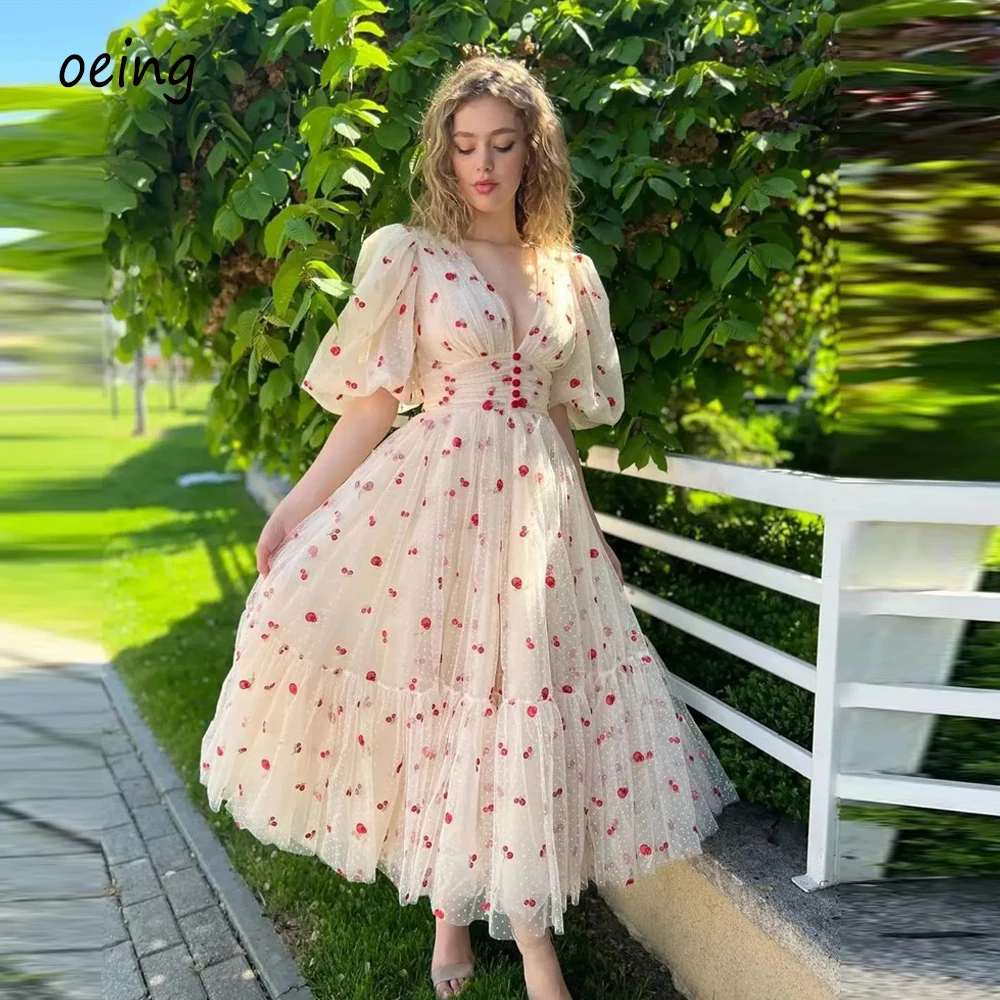 

OEING Beige Dotted Tulle Prom Dresses V Neck Puff Half Sleeves Tea Length Evening Formal Party Gowns Gilrs Graduation Dress