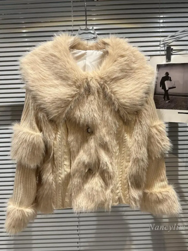 

2022 Winter Warm Fur Coat Women New Sailor Collar Imitation Environmental Protection Fur Patchwork Knitting Cardigan Coats