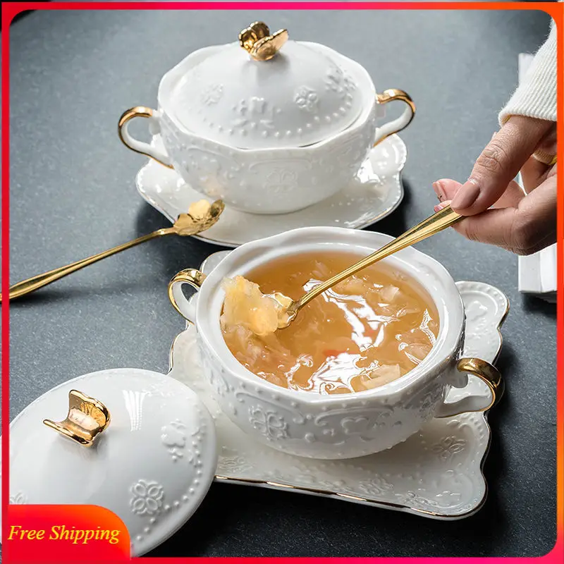 

European Style Small Dessert Tableware, Embossed Soup Cup With Lid, Ceramic Bowl, Stew Cup, Creative Home Health Bowl