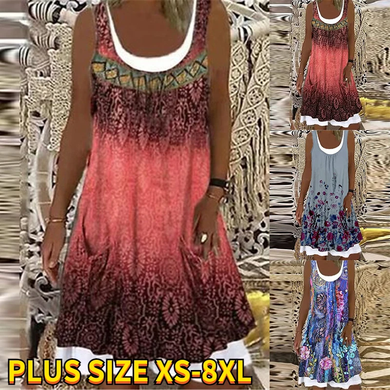 

2022 Summer Women's Floral Theme Printed Painting Dress Round Neck Female Sleeveless New Dress Fashionable and Oversized Dress