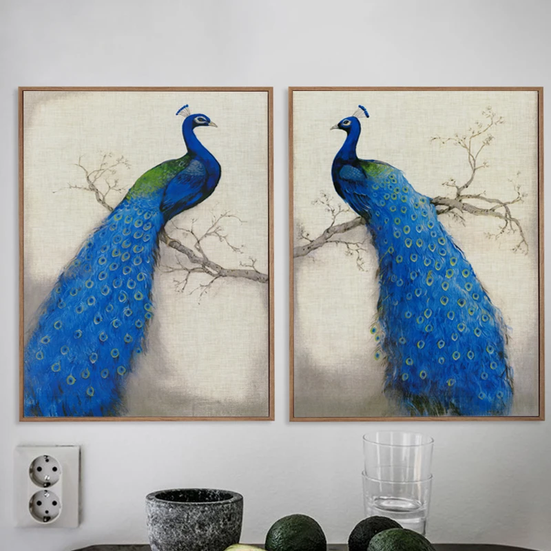 

Retro Style Blue Peacock Standing On The Tree Vintage Posters Prints Canvas Painting Wall Art Pictures Living Room Home Decor