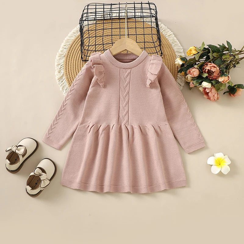 

Baby Sweater Dress Knitted Fashion Ruffles Chirldren Girl Skirt Long Sleeve Autumn Infant Kid Clothing Pink Color 4-7Y Playsuit