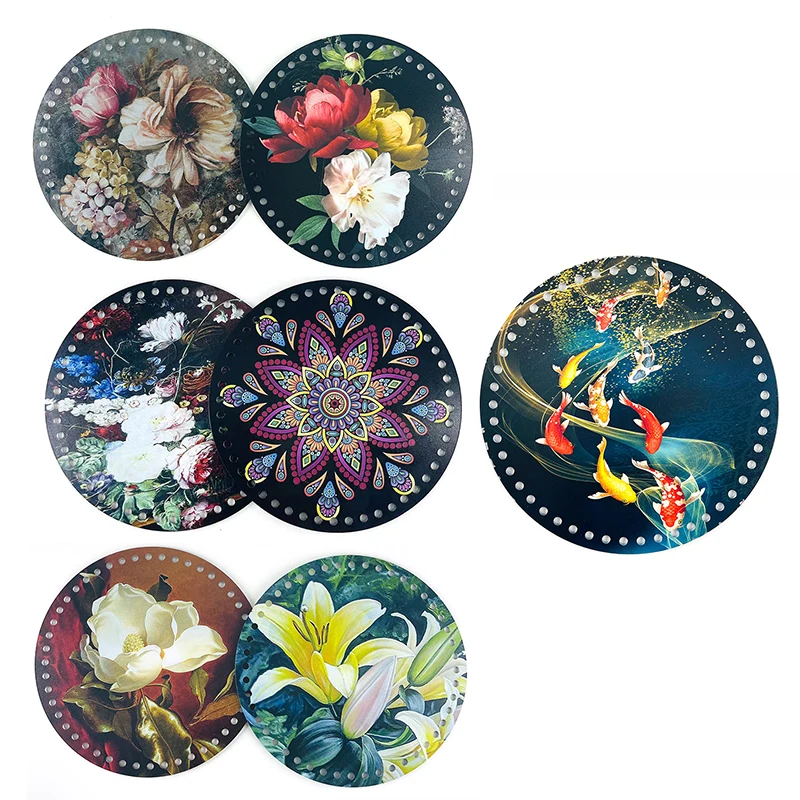 

1Pc Round Crochet Basket Base Acrylic Printed Insert Cushion Bottom Shaper with Holes for DIY Handbag Knitting Basket Woven Base