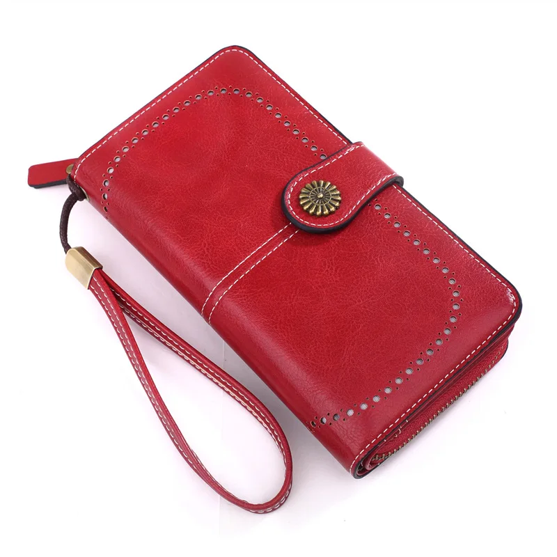 

Retro Oil Wax Skin Leather Women's Long Wallet Hollow Out Buckle Wallets Credit Card Clutch Purse Card Bag Luxury Clutch Purses