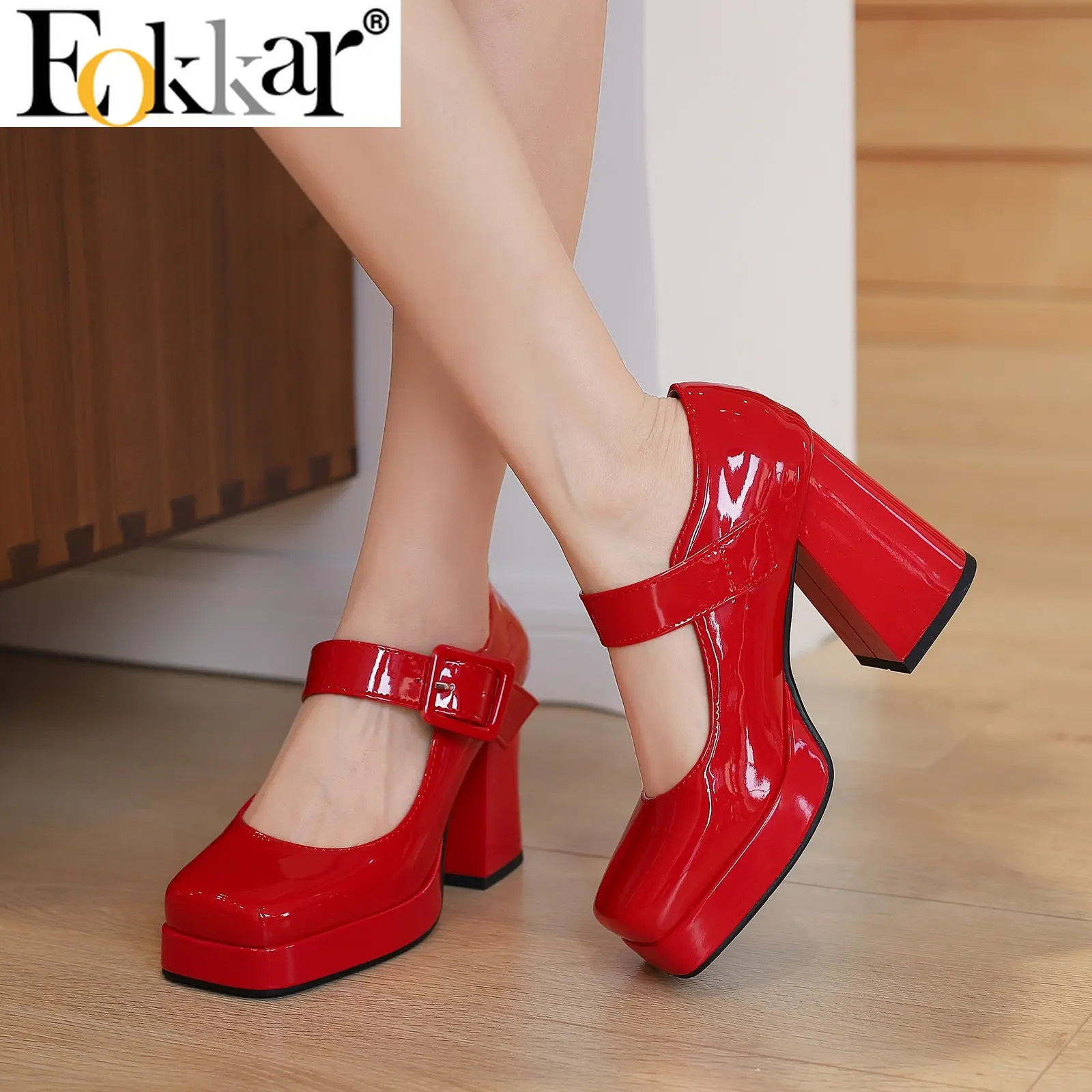 Eokkar Patent Leather Square Toe Mary Janes 2023 Platform Chunky High Heel Pumps Buckle Retro Shoes Women Plus Size 44 45 46