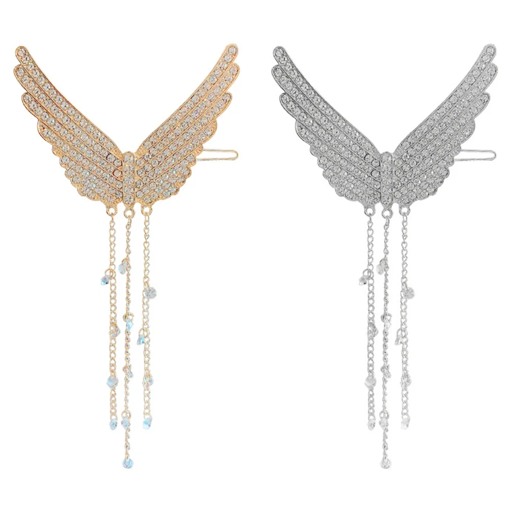 

2 Pcs Angel Wings Hairpin Girls Headdress Tassels Barrette Decor Fringe Trim Rhinestone Decorate Clip Side