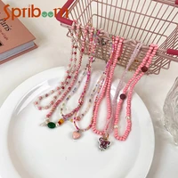 pink beaded necklaces for women girls colorful flower choker butterfly pendant necklace summer girls love heart jewelry sweet