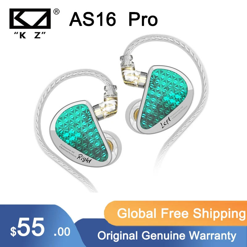

Проводные наушники-вкладыши KZ AS16 Pro 16BA, сбалансированные Hi-Fi наушники монитор с басом, Спортивная гарнитура с шумоподавлением