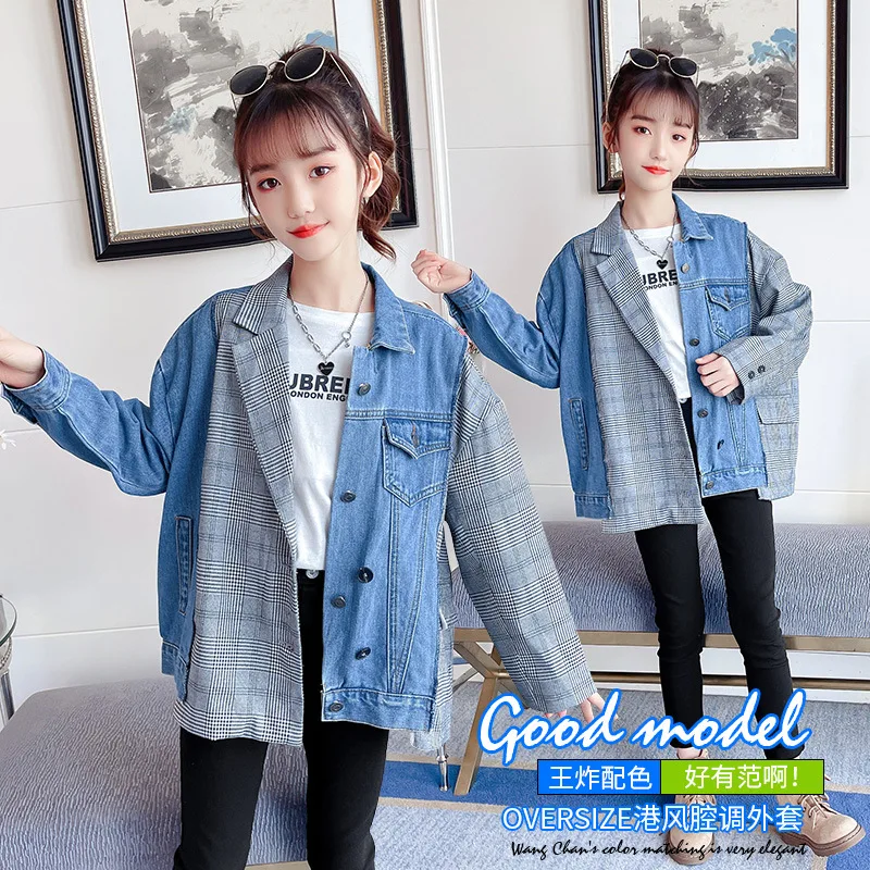 

Girls Denim Jacket Long Sleeve Plaid Patchwork Trendy Outwear for Children Spring Autumn Loose Teenage Kids Coat 12 13 14 Years