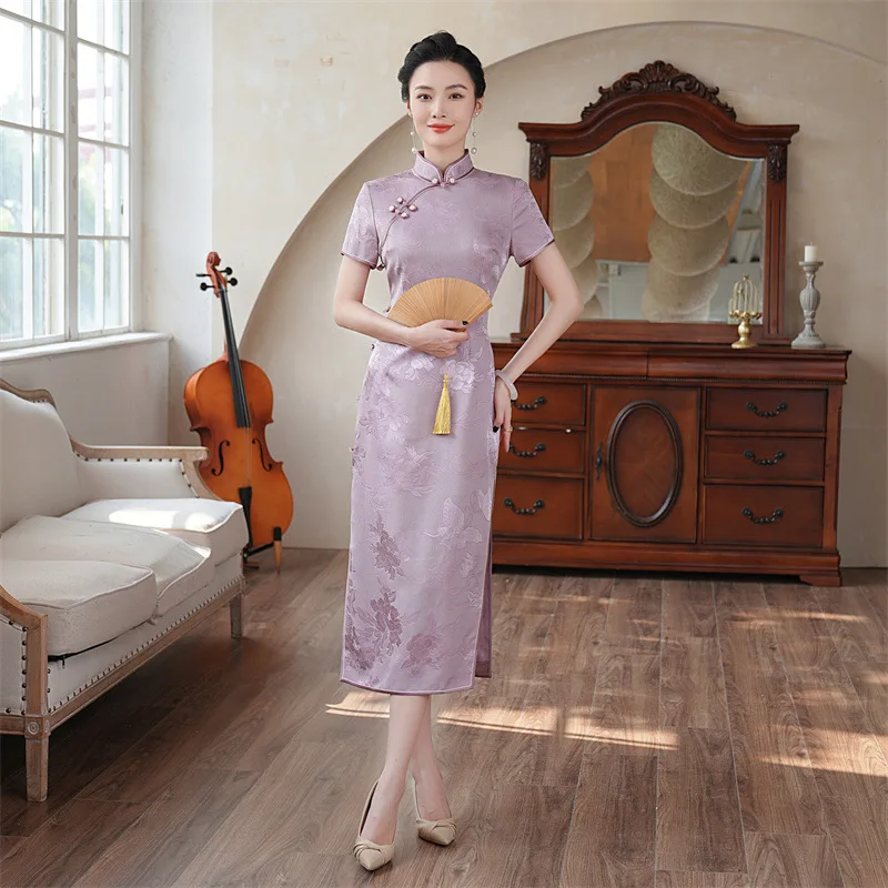 Высокое качество элитное платье Cheongsam Qipao из натурального шелка летнее женское 2024