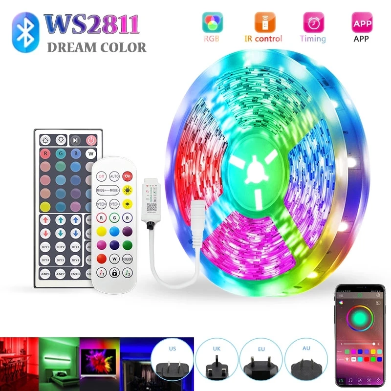

Светодиодная лента WS2811 для комнатного декора, 12 В, Rgb лента, цвет мечты, Bluetooth контроллер, Диодная гибкая лента, 5 м-20 м, адаптер питания