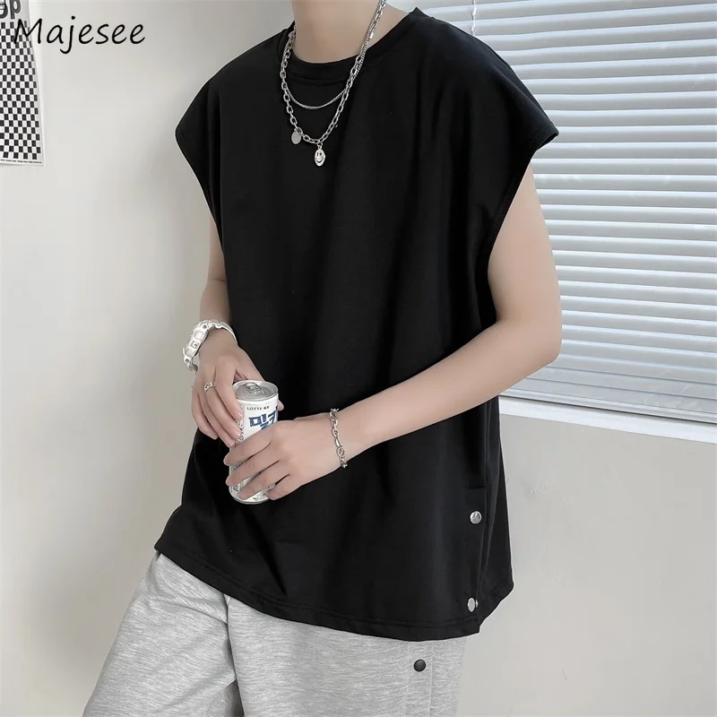 

Tanks Men O-neck Side-slit Solid Handsome High Street Fashion Ulzzang Baggy All-match Design Comfortable New Casual Teens Simply