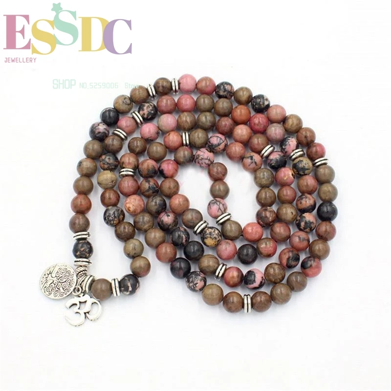 

Women Black Line Rhodochrosite 108 Beads Natural Crystal Lucky Bracelet or Necklace with Yoga Chakra OHM Pendant